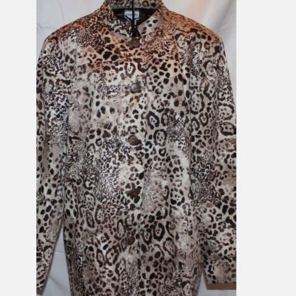 Brown Animal Print Blazer XL Tan Button Front Sweater Suit Jacket Chico's Sz 3 - Picture 6 of 7